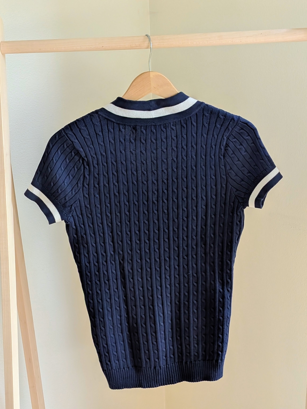 Vintage Ralph Lauren Varsity Striped Cable Knit V-neck Polo Tee In Navy/White - Picture 5 of 5